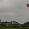 田んぼで飛ぶ手作り鳥の風景