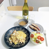 6月10日　サーモンときゃべつとえのきのクリームパスタ飲酒。
