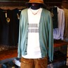 Retois High Gauge Cotton Cardigan のインナーに Almond & Woolrich Blanket Stripe Tee 合わせてみた。