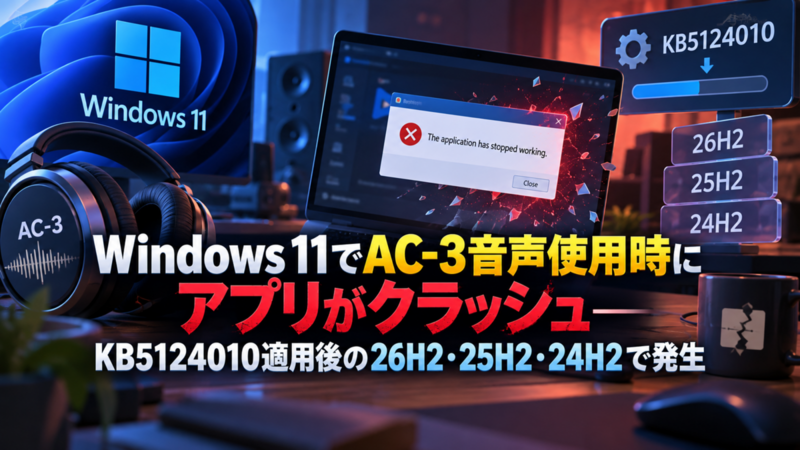 Windows 11でAC-3音声使用時にアプリがクラッシュ―KB5124010適用後の26H2・25H2・24H2で発生