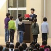 朝会：表彰、エプロン袋、めあて、「旅立ちの日に」