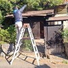 スタッフは脚立にのり、門の屋根の棟を