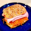 白味噌のお味噌汁と人参パンのサンドイッチ。自作のあんこ＋お煎餅のおやつ。