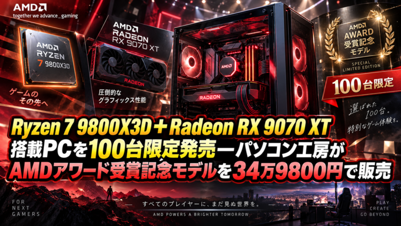 Ryzen 7 9800X3D＋Radeon RX 9070 XT搭載PCを100台限定発売―パソコン工房がAMDアワード受賞記念モデルを34万9800円で販売