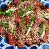 マグロの中華風づけとぶた天の夕食