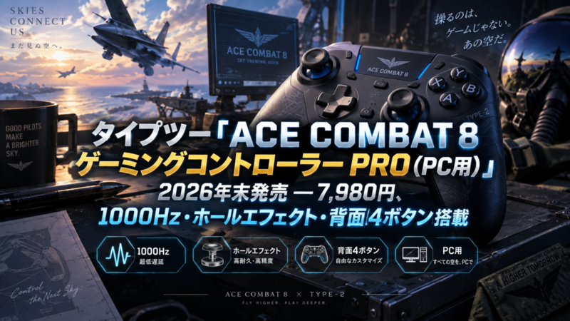 タイプツー「ACE COMBAT 8 ゲーミングコントローラー PRO（PC用）」2026年末発売―7,980円、1000Hz・ホールエフェクト・背面4ボタン搭載