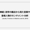 計算 (神経) 詩学の観点から見た言葉や小説の登場人物のセンチメント分析 (Jacobs, Frontiers in Robotics and AI, 2019)