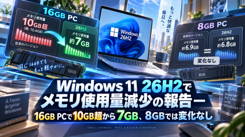Windows 11 26H2でメモリ使用量減少の報告―16GB PCで10GB超から7GB、8GBでは変化なし