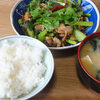 今日の食べ物　朝食に豚肉と小松菜の炒め物