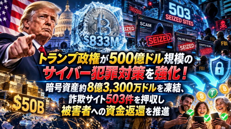 トランプ政権が500億ドル規模のサイバー犯罪対策を強化！暗号資産約8億3,300万ドルを凍結、詐欺サイト503件を押収し被害者への資金返還を推進