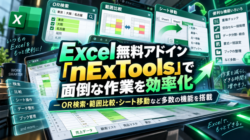 Excel無料アドイン「nExTools」で面倒な作業を効率化―OR検索・範囲比較・シート移動など多数の機能を搭載