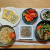 納豆卵かけごはん。いわし水煮缶。野菜味噌汁。油あげ。