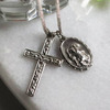アンティークジュエリー｜USAヴィンテージアンカンサスリーフ十字架クロス&聖クリストファーのメダイペンダントネックレス [ACS-23-022]