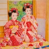 色鉛筆で着物を描いてみた。赤い着物の画を3枚並べてみる