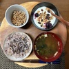 今日の朝食ワンプレート、雑穀ご飯、わかめのみそ汁、小粒納豆、果物ヨーグルト