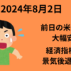 【24/8/2】前日の米国は経済指標で景気後退懸念　3指数とSOX指数が大きく崩れる　前日1,000円近い下落の日経は今日の寄り付き更に1,000円下げスタートか