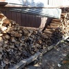 薪棚の整理　上に乗せてから　Arranging the firewood shelves