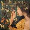 水島勉氏によると「藤島の『蝶』という作品は1904年制作で、『みだれ髪』の少し後ですが、花に接吻をしている女の周辺を蝶がみだれ飛んでいるんです。近代的な造形行為の中で初めて接吻という行為がでてくる。花に唇をつけている女をバストショットで描いていますが、よく見ると、画面の外では胸をはだけているであろうと想像させますね。」(「ユリイカ」、2000.8)と、セミヌードなのではないかといっている。なるほど、目からうろこの指摘だ。隠れキリシタンならぬ、隠れヌードということか。