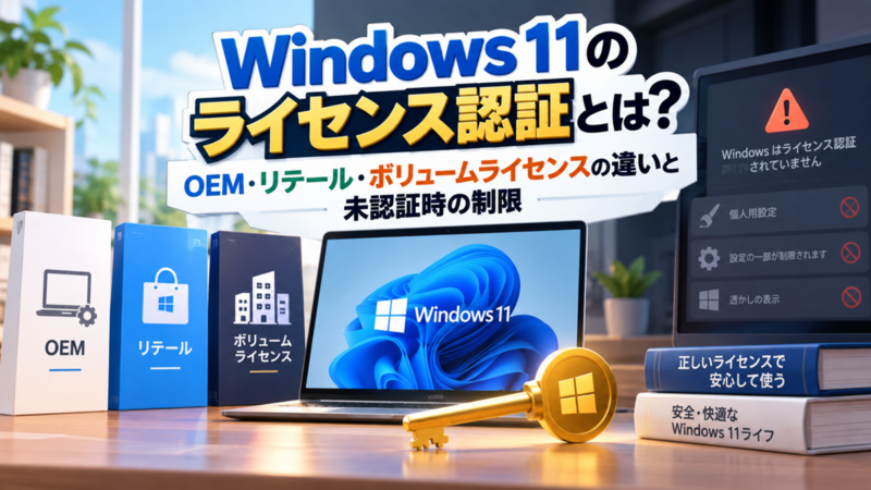 Windows 11のライセンス認証とは？OEM・リテール・ボリュームライセンスの違いと未認証時の制限