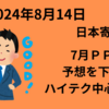 【2024年8月14日】日本寄り付き前　7月PPIが予想を下回り米国株はハイテク中心に上昇　日本は円高、今晩のCPIを控え様子見姿勢か