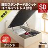 収納ベッド セミダブル 縦開き/深さグランド【薄型スタンダードポケットコイルマットレス付】フレームカラー：ホワイト 通気性抜群 棚コンセント付 跳ね上げベッド Prostor プロストル