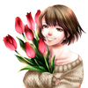赤いチューリップの花束を抱く笑顔の女性