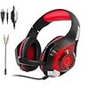 Beexcellent PC ゲーミングヘッドセット 有線 3.5mm ステレオ 騒音隔離伸縮可能マイク付 軽量 レッド
