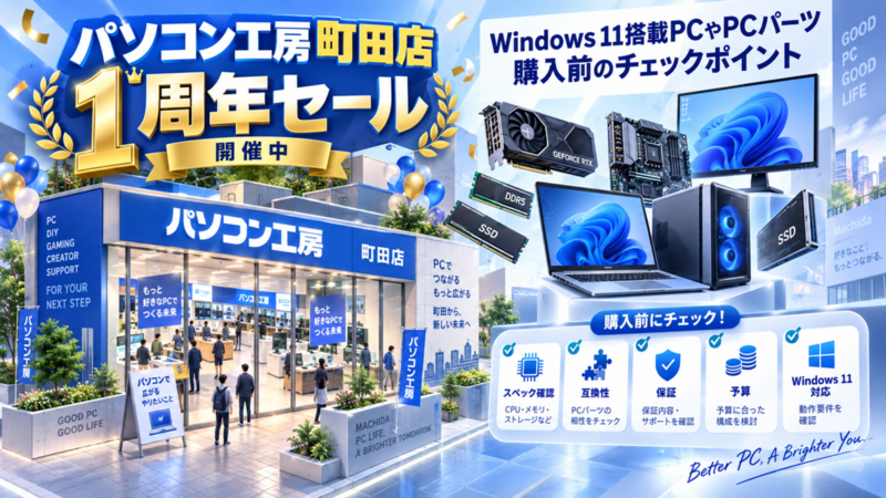パソコン工房町田店1周年セール開催、Windows 11搭載PCやPCパーツの購入前に確認したいポイント