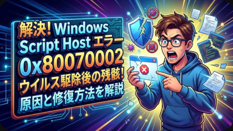 Windowsの起動時や特定の操作を行った際に「Windows Script Host エラー 0x80070002」が表示され、作業が中断されて困っていませんか。このエラーは、セキュリティソフトでウイルスや不審なプログラム（PUA/PUP）を隔離・削除した直後によく発生します。システム自体はマルウェアを駆除できたものの、Windowsのタスクスケジューラやスタートアップ領域に「消されたスクリプトを呼び出す自動実行命令」だけが残留していることが原因です。