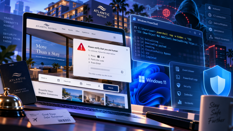 Atlantic HotelsサイトでClickFix攻撃の疑い、Windows 11利用者が確認すべきPowerShell実行痕跡と対処