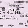 本日の使用切符：小田急電鉄 鶴巻温泉駅発行 はこね22号 本厚木▶︎新宿 特別急行券