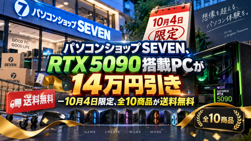 パソコンショップSEVEN、RTX 5090搭載PCが14万円引き―10月4日限定、全10商品が送料無料