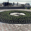 択捉島　広場の花壇に色とりどりの花の苗が植えられた