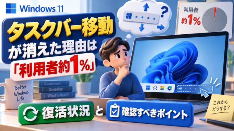 Windows 11でタスクバー移動が消えた理由は「利用者約1%」 復活状況と確認すべきポイント