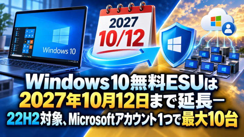 Windows 10無料ESUは2027年10月12日まで延長―22H2対象、Microsoftアカウント1つで最大10台