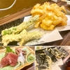 立ち食い蕎麦 酒処 稜（綾瀬）イカと海老のかき揚げ＋グリーンアスパラ天＋海苔天＋刺身三点盛り