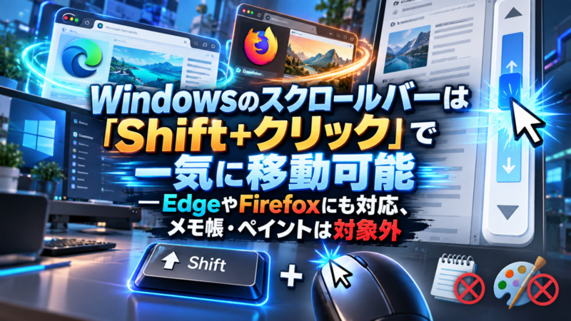 Windowsのスクロールバーは「Shift+クリック」で一気に移動可能―EdgeやFirefoxにも対応、メモ帳・ペイントは対象外