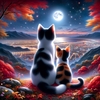 紅葉と月明かりに照らされる山からの夜景