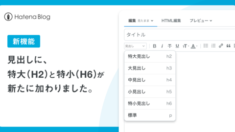 入力補助ツールバーの【見出し】に「特大見出し（H2）」「特小見出し（H6）」を追加しました