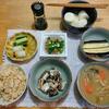 野菜味噌汁５日目。いわし水煮缶。レンチン茄子。蒸し長芋