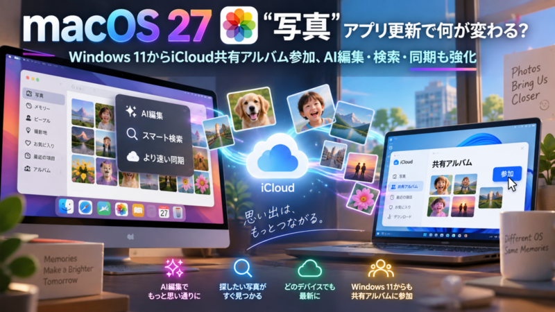macOS 27「写真」アプリ更新で何が変わる？Windows 11からiCloud共有アルバム参加、AI編集・検索・同期も強化