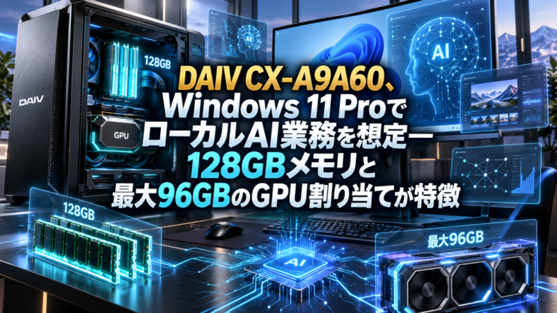 DAIV CX-A9A60、Windows 11 ProでローカルAI業務を想定―128GBメモリと最大96GBのGPU割り当てが特徴