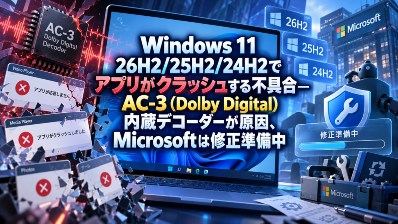 Windows 11 26H2/25H2/24H2でアプリがクラッシュする不具合―AC-3（Dolby Digital）内蔵デコーダーが原因、Microsoftは修正準備中