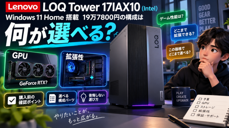 Lenovo LOQ Tower 17IAX10（Intel）はWindows 11 Home搭載、19万7800円の構成は何が選べる？GPU・拡張性・購入前の確認ポイント