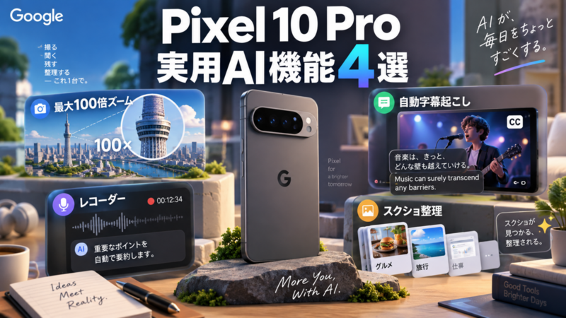 Pixel 10 Proの実用AI機能4選｜最大100倍ズーム・自動字幕起こし・レコーダー・スクショ整理を確認