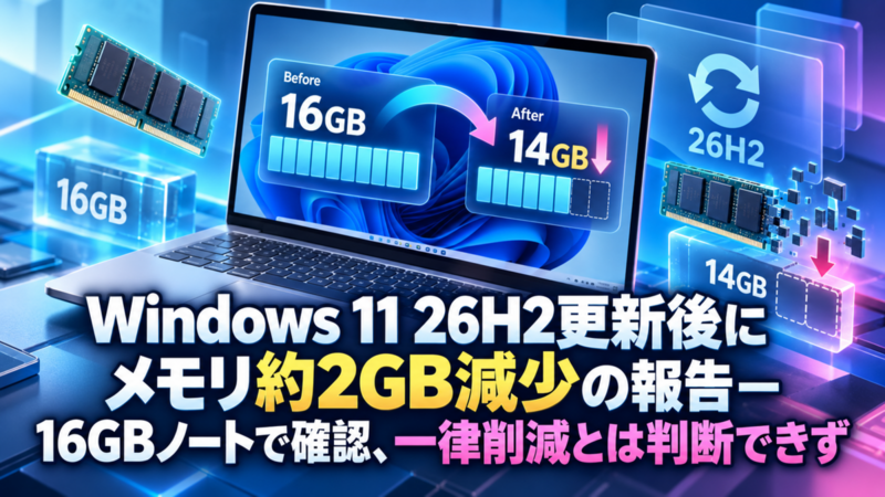 Windows 11 26H2更新後にメモリ約2GB減少の報告―16GBノートで確認、一律削減とは判断できず