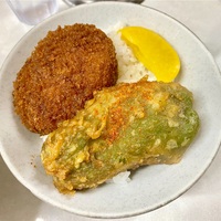 大和屋（中延）天丼セット〔冷細うどん＋アタマ→ピーマン&コロッケに変更〕