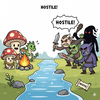 Geminiに英単語の意味を表現する画を描いてもらった。『hostile』 『overhaul』 『tamper』 『phony』 『perplexity』 『caveat』 『likelihood』 『symptom』