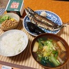 20％割引だった秋の秋刀魚と茄子の煮びたし、杉本納豆の朝ご飯