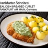ドイツ肉料理２　フランクフルト風カツレツ（Frankfurter schnitzel　フランクフルター・シュニッツェル）　Tasteatlasによるドイツ肉料理ランキングの５番目，世界カツレツランキングでも５番目にランクされているドイツの伝統カツレツ．仔牛肉を使う有名なウィーン風カツレツと非常に似ていますが，フランクフルト風では豚肉など他の種類の肉も使用できます．伝統的に緑色のソース（grüne soße）を添えて供され，茹でたジャガイモや刻んだ固ゆで卵が付け合わせとして添えられることもよくあります．